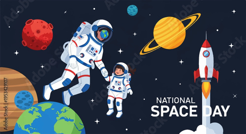 Astronauts in space suits floating near earth and rocket on national space day