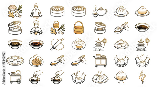 Xiao Long Bao Icon Set in Line Style. A collection of soup dumpling linear icons, including bamboo, steamer, chef, teapot, sauce, ginger, garlic, spoon, cart, pagoda, dough, and more. Editable stroke.