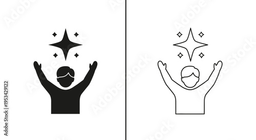 A person with arms raised and shining stars symbolizing achievement and success.