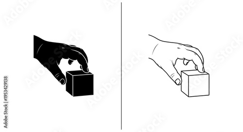 A hand carefully picking up a cube, rendered in silhouette and outline styles.