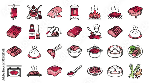 Chinese BBQ Pork Icon Set in Linear Style. A collection of food linear icons, including roast pork, honey soy, chef, dumplings, bao buns, noodles, cleaver, meat, ginger, and more. Editable stroke.