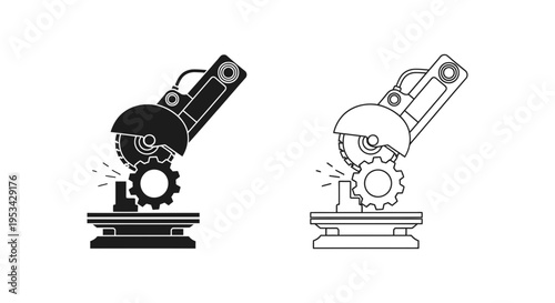 An angle grinder cutting a gear, illustrated in silhouette and line art.