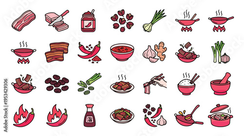 Asian Pork Cooking Icon Set in Linear Style. A collection of Szechuan cuisine linear icons, including pork belly, wok, chili, ginger, garlic, soy sauce, rice, spices, and more. Vector art.