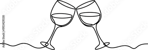 Two wine glasses clinking in celebration, minimal line art vector illustration
