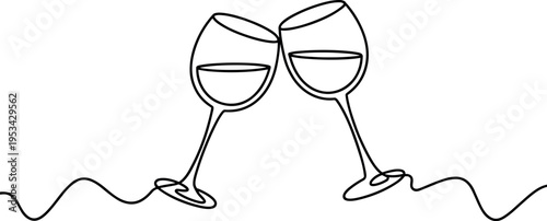 Two wine glasses clinking in celebration, minimal line art vector illustration