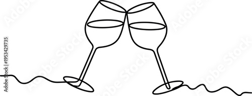 Two wine glasses clinking in celebration, minimalist vector illustration