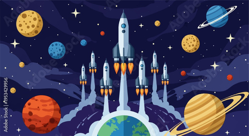 Rockets launch into space with planets and stars in the background celestial scene with space exploration