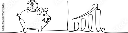 Piggy bank with dollar coins growing into upward stock market chart, flat design vector illustration