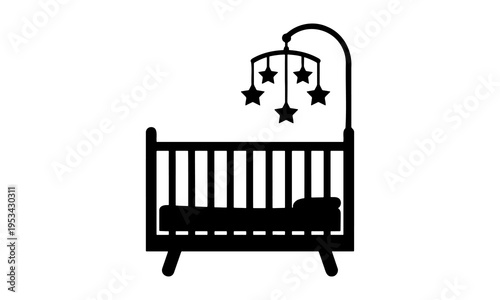 Baby crib silhouette with hanging star mobile and mattress isolated on white background