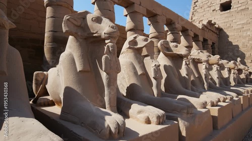 Karnak Temple in Luxor, Egypt. Majestic row of Amun ram sphinxes cradling pharaoh statues at Karnak Temple, Luxor Egypt.