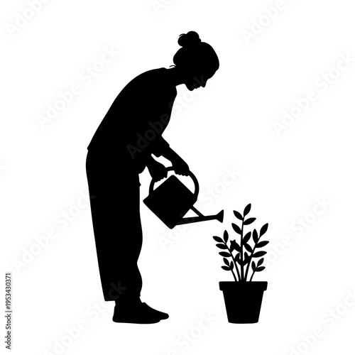 Silhouette of a woman bending down to water a potted plant with a watering can