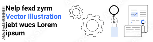 Business strategy, workflow analysis, data documentation, process optimization, research, productivity. Gears, magnifying glass documents. Business strategy and workflow analysis