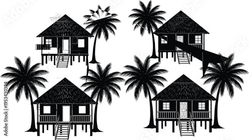 Black and white of four tropical houses surrounded by palm trees beach houses coastal architecture