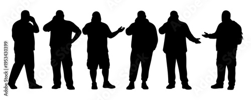 Set of silhouettes featuring a man in various poses talking on a mobile phone