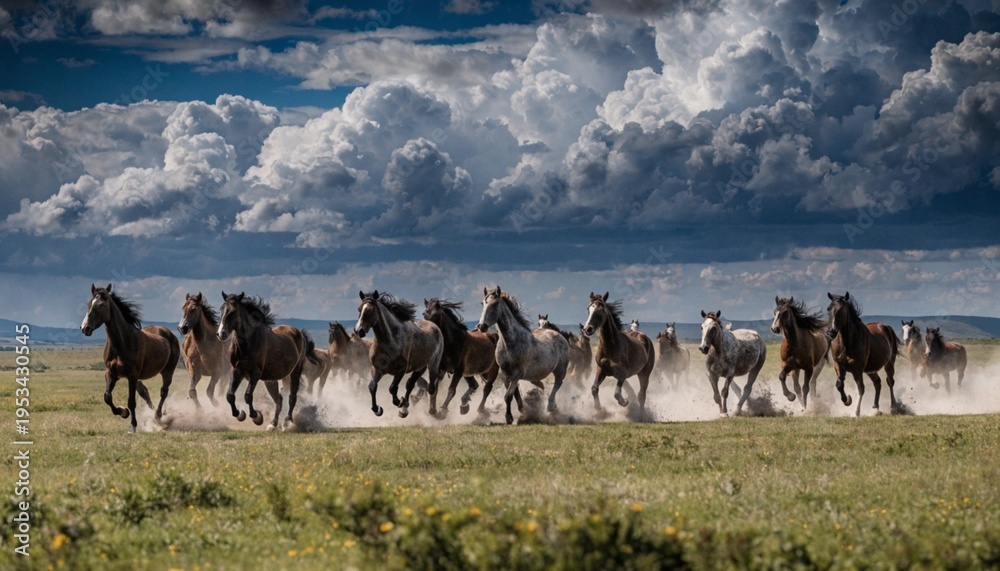 Obraz premium A herd of horses running through a field