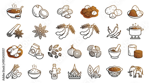 Massaman Curry Ingredients Icon Set in Line Art Style. A collection of Thai food linear icons, including coconut, tamarind, potato, cinnamon, chili, chicken, peanut, rice, elephant, and more. Vector.