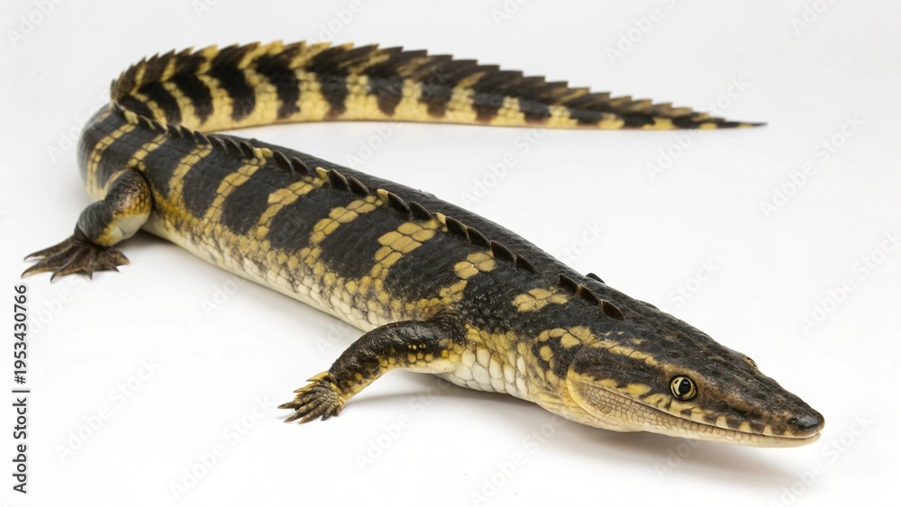 Fototapeta premium Adult Ornate Bichir (Polypterus ornatipinnis) showing its detailed scale pattern, isolated on a white background.