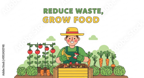 Farmer reducing waste by growing fresh vegetables in a garden with a compost bin