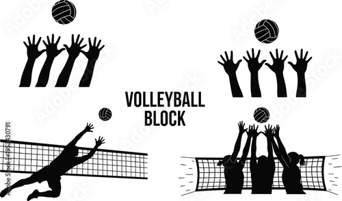 Black and white of volleyball block action with players and net