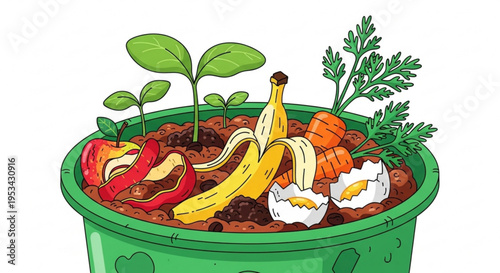 Composting garden waste with banana peels eggshells carrot tops and green plants growing in a green pot on brown soil background