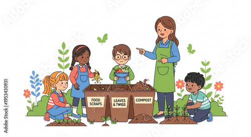 Children and teacher composting with labeled bins for food scraps leaves and compost in a garden setting with flowers and greenery