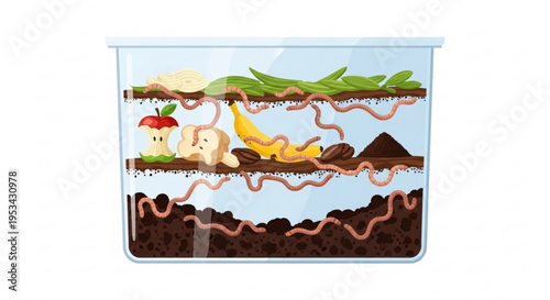 Worm composting bin with worms banana and vegetable scraps for eco friendly recycling