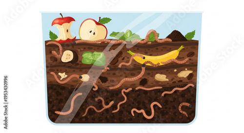 Worms decomposing food waste in soil layers with fruit and vegetables illustrating composting process and ecosystem