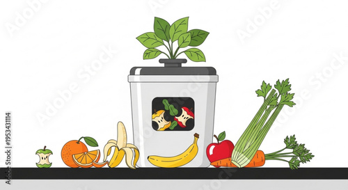 Compost bin with fresh fruits and vegetables for eco friendly recycling and sustainable living