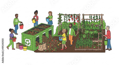 People gardening and composting together in a community garden with green plants and recycling bins