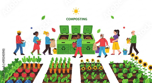People composting and gardening with green recycling bins and vibrant vegetable and flower gardens