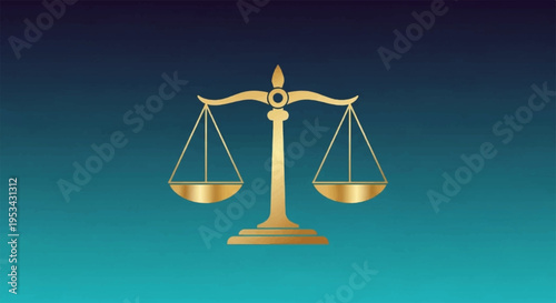 Golden balance scale on gradient blue background symbolizing justice and equality with shiny metallic texture and smooth lighting