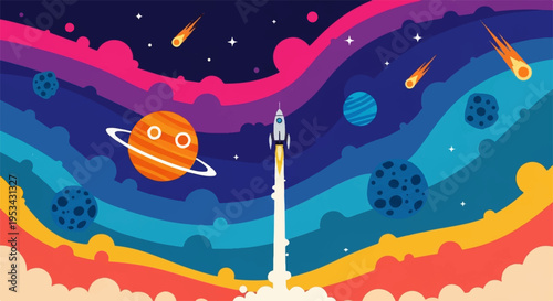 Rocket ship blasts off into vibrant colorful galaxy with planets and stars