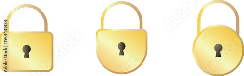 金色に輝く3種類の南京錠の素材セット