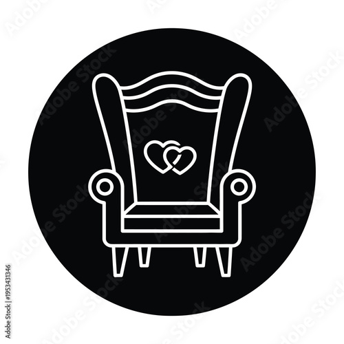 White line drawing of chair with hearts on backrest in black circle icon