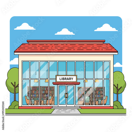 A brightly colored cartoon of a public library building on a sunny day