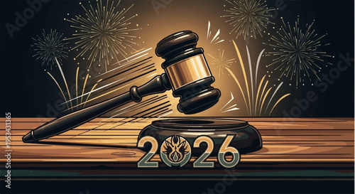 Judge gavel on wooden desk with 2026 new year fireworks background celebration