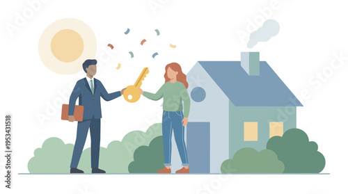 Real estate agent hands over house keys to a happy new homeowner in front of their new home with confetti falling.