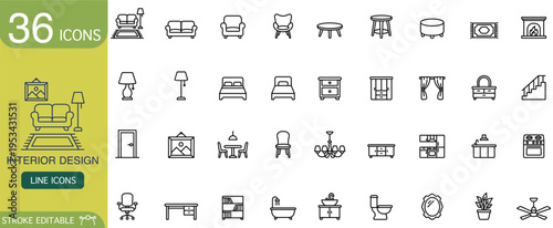 Interior design line icon furniture home room outline editable stroke set featuring sofa bed lamp table chair kitchen bathroom object for web app interface and infographic layout