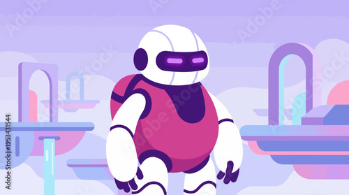 A cute, stylized white and magenta robot stands in a futuristic, pastel-colored landscape with floating islands and archways, rendered in a flat illustration style.