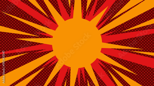 Vibrant comic book style background with an orange sunburst or explosion effect and radiating red and orange lines on a dark red halftone pattern.