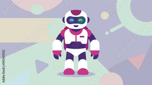 A friendly cartoon robot with glowing blue and green eyes stands against a vibrant abstract background featuring various geometric shapes, symbolizing modern technology and AI.