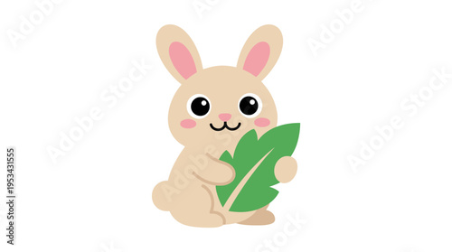 Cute cartoon light brown rabbit holding a large green leaf, smiling with pink ears and rosy cheeks on a white background.