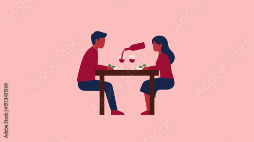 An illustration of a man and a woman on a romantic dinner date, with wine being poured into their glasses at a table.
