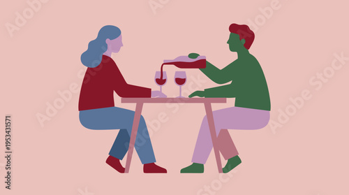 Stylized illustration of a couple on a date, with a man pouring red wine into a glass at a table.