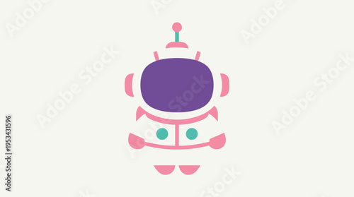 A cute cartoon astronaut illustration with a purple visor and pink accents, depicted in a simple, flat design style on a light background.