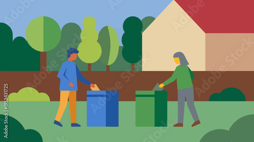 Two people sorting waste into blue and green recycling bins in a garden setting with a house and trees in the background, promoting environmental care.