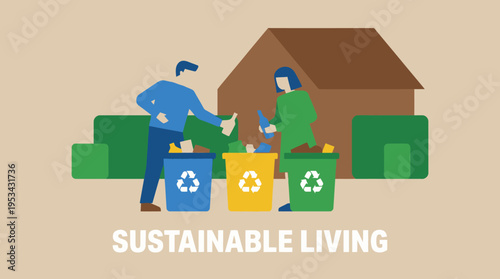 An illustration depicting two people, a man and a woman, actively sorting and recycling waste into separate colored bins in front of a house, promoting sustainable living practices.