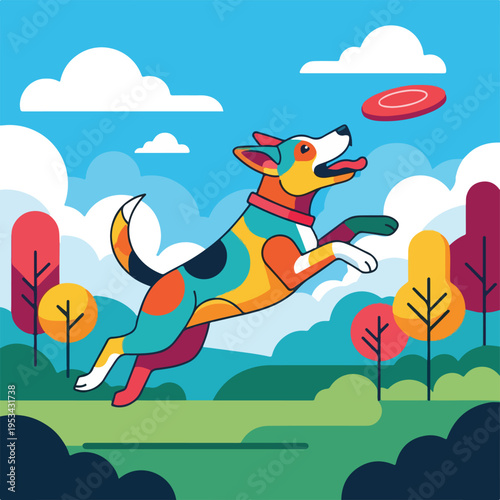 A brightly colored dog leaps to catch a frisbee in a park setting