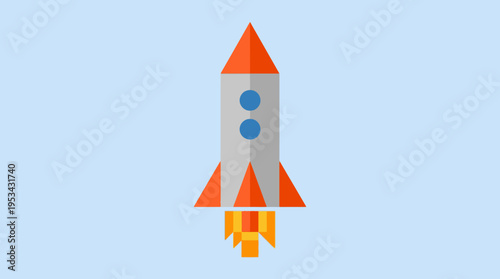 A simple, flat-design illustration of a grey and orange rocket launching into the sky with flames from its engine.