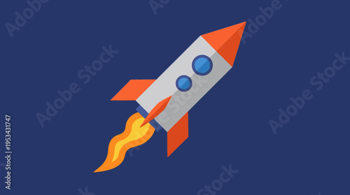 A cartoon-style rocket with orange fins and a fiery exhaust plume launching upwards against a solid dark blue background, symbolizing progress and innovation.